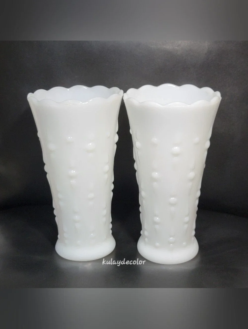 Vintage Milk Glass Tears & Pearls Scalloped Vases Pair White Bud Vases